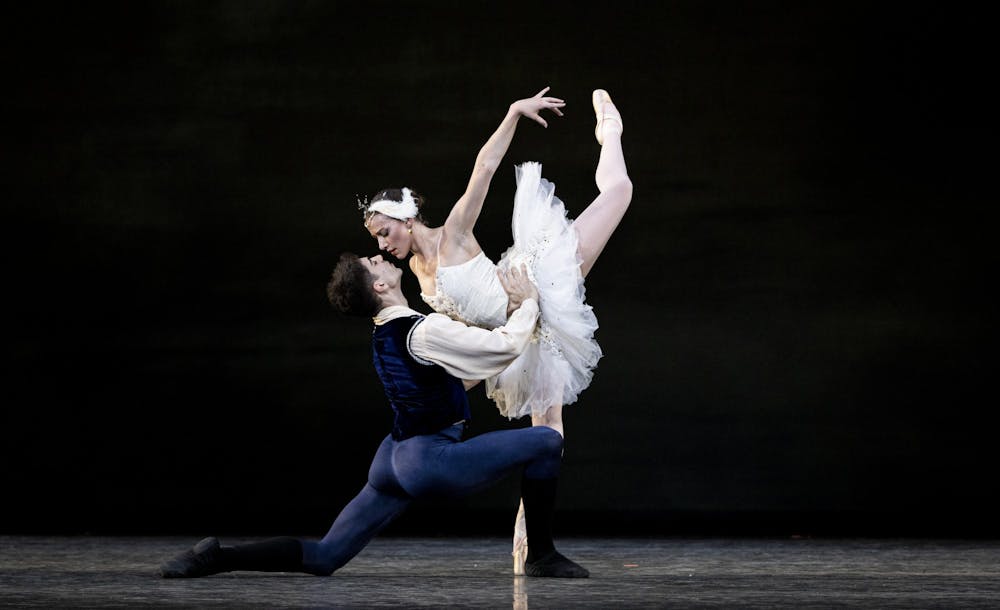 <p>Dancers perform as Odette and Prince Siegfried in &quot;Swan Lake&quot; Act Two on March 30, 2022. The excerpt was performed as part of the IU Jacobs School of Music Ballet Theater&#x27;s spring ballet &quot;A Look Back.&quot;</p>