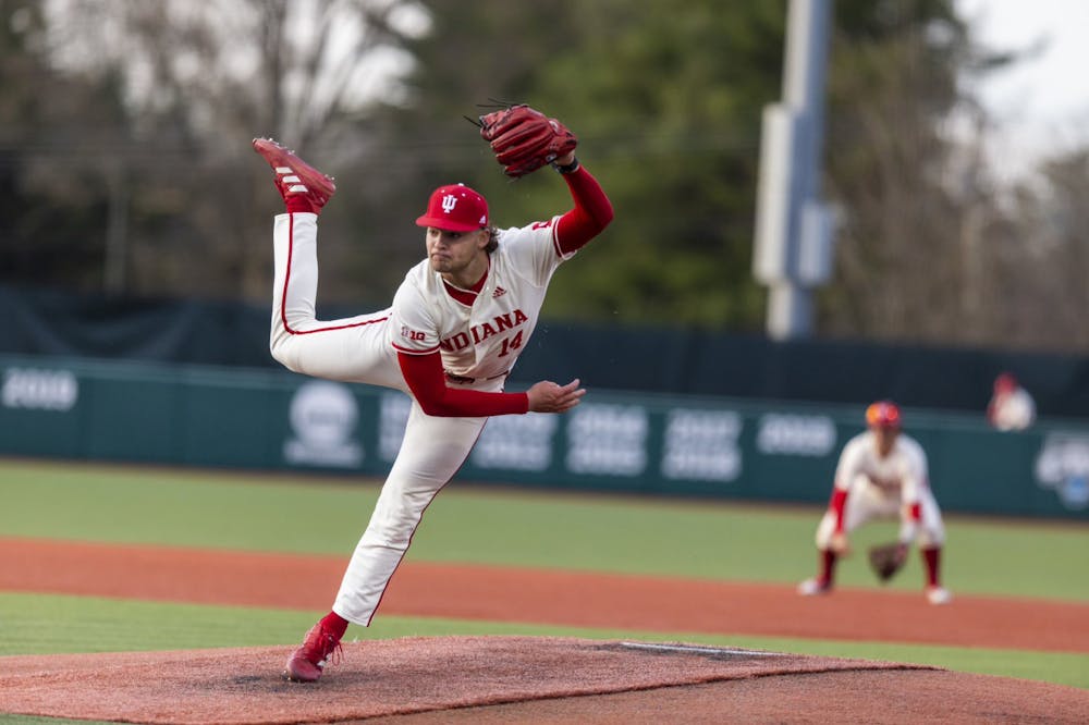 <p>Freshman Connor Foley throws a pitch April 7, 2023, at Bart Kaufman Field in Bloomington. Indiana baseball swept Ohio University over the weekend.﻿</p>
