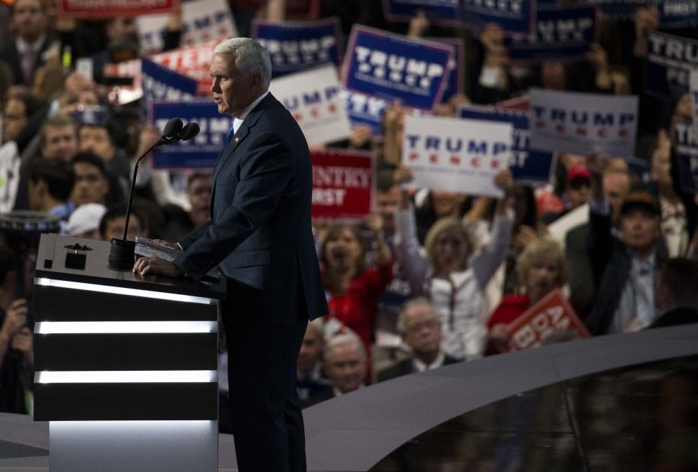 Governor Mike Pence speaks at the Republican National Convention on July 20 at the Quicken Loans Arena in Cleveland, Ohio. Pence has been chosen as Donald Trump's running mate.