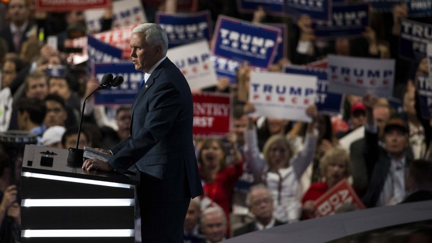 Governor Mike Pence speaks at the Republican National Convention on July 20 at the Quicken Loans Arena in Cleveland, Ohio. Pence has been chosen as Donald Trump's running mate.