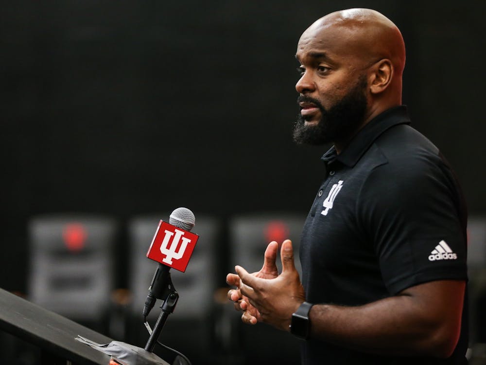 Former Indiana defensive coordinator and linebackers coach Charlton Warren speaks during the team&#x27;s Media Day on Aug. 5, 2021, in Bloomington. Warren, who coached at Indiana for one season, signed on as a co-defensive coordinator for the University of North Carolina on Saturday.
