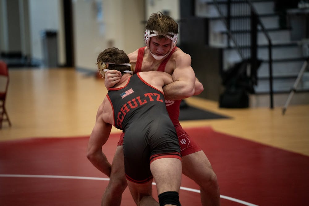 <p>Nick Willham defends a take down attempt from Nebraska&#x27;s Eric Schults at Wilkinson Hall, on Feb. 6, 2021. Indiana will face Illinois Feb. 5 at the State Farm Center in Champaign, Illinois. </p>