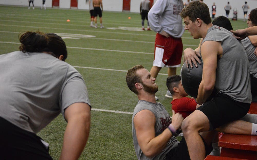 Junior quarterback Richard Lagow, center, works out earlier this month at&nbsp;John Mellencamp Pavilion.&nbsp;