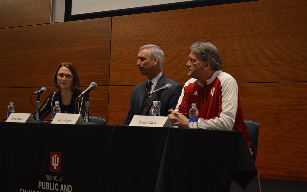 School of Public and Environmental Affairs&nbsp;professor Jayma Meyer,&nbsp;NCAA executive Oliver Luck and&nbsp;IU Athletics Director Fred Glass discussed the future of college athletics Monday evening in the School of Global and International Studies building Auditorium.&nbsp;