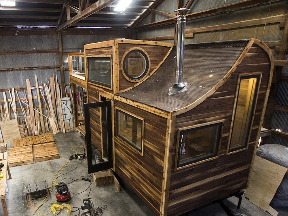 Daniel Weddle's tiny house sits in a construction warehouse off 11th Street. The project was commissioned to be placed on a southern Indiana farm, and can be both mobile and permanently set.