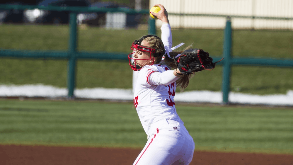 Pitcher Tara Trainer strikes out all three OSU batters. IU beat Ohio State, 4-1, March 23 at Andy Mohr Field. Trainer pitched a no-hitter to help IU sweep Penn State this weekend.&nbsp;