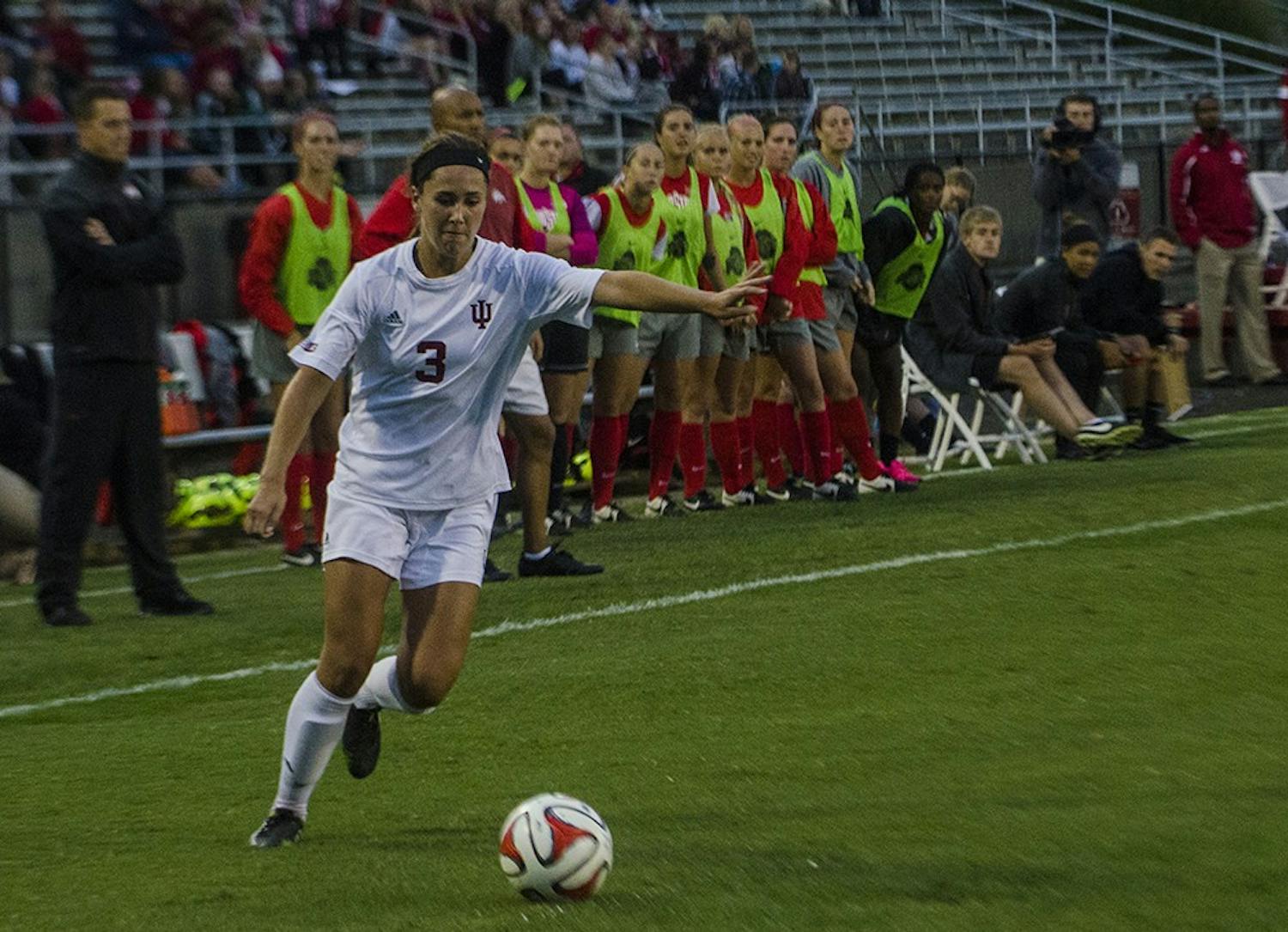 Midfielder Tori Keller takes an indirect freekick and assists IU's leading scorer midfielder Jessie Bujoueves in scoring IU's only goal against Ohio State on September 12. Ohio State tied the game in the 90th minute and eventually won in overtime 2-1.