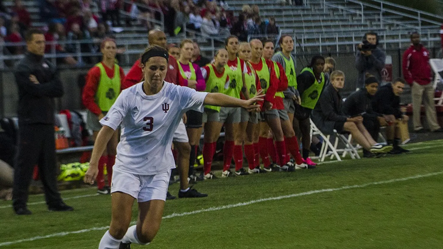 Midfielder Tori Keller takes an indirect freekick and assists IU's leading scorer midfielder Jessie Bujoueves in scoring IU's only goal against Ohio State on September 12. Ohio State tied the game in the 90th minute and eventually won in overtime 2-1.