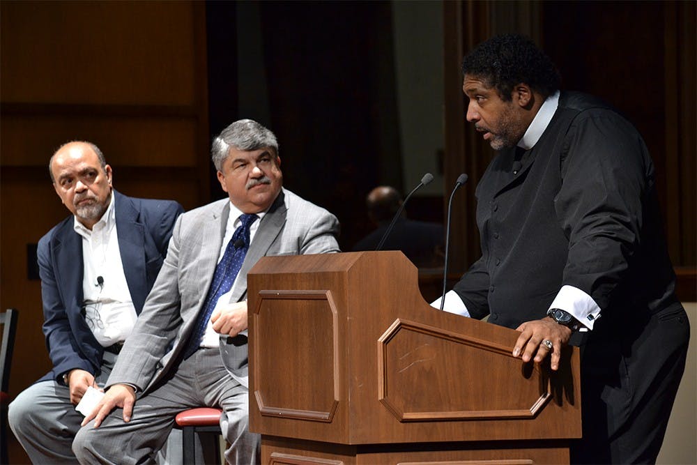 The Reverend Dr. William Barber speaks during the Labor and Civil Rights: Bold Legacies and New Directions discussion Wednesday evening in Presidents Hall. The discussion was part of the IU College of Arts and Sciences "Themester" initiative that provides faculty, students and community members an opportunity to converse challenging issues. 