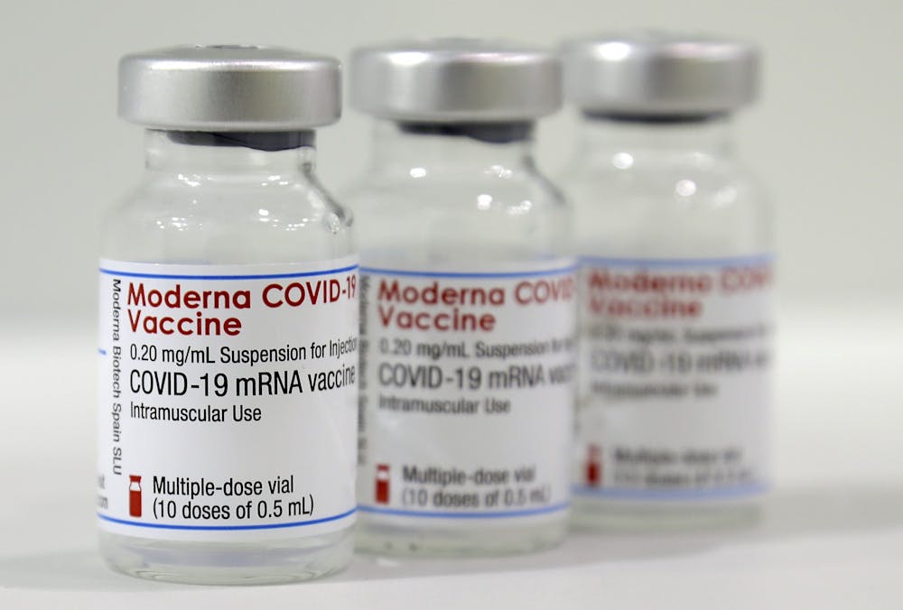 <p>Three vials of the Moderna COVID-19 vaccine are pictured in 2021. The Monroe County Public Health Clinic announced in a press release they will partner with local school systems to hold “Super Shot” clinics to administer the Pfizer COVID-19 vaccine shot to children 5 tohrough 11 years old.</p>