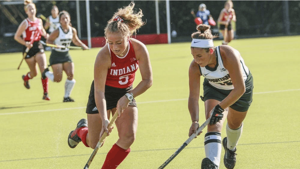 Then-freshman forward Hailey Couch keeps the ball away from Michigan State back Baily Higgins on Oct. 5, 2018, at the IU Field Hockey Complex. Indiana will play the No. 9 Maryland Terrapins on Friday at the IU Field Hockey Complex.