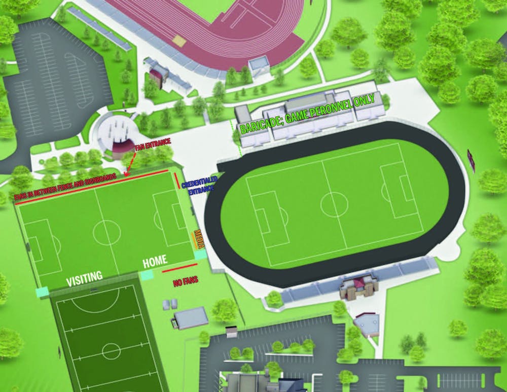 <p>A map of the field layout for tonight&#x27;s women&#x27;s soccer match against Ball State University. The home opener will now be played at the practice field adjacent to Bill Armstrong Stadium.</p>