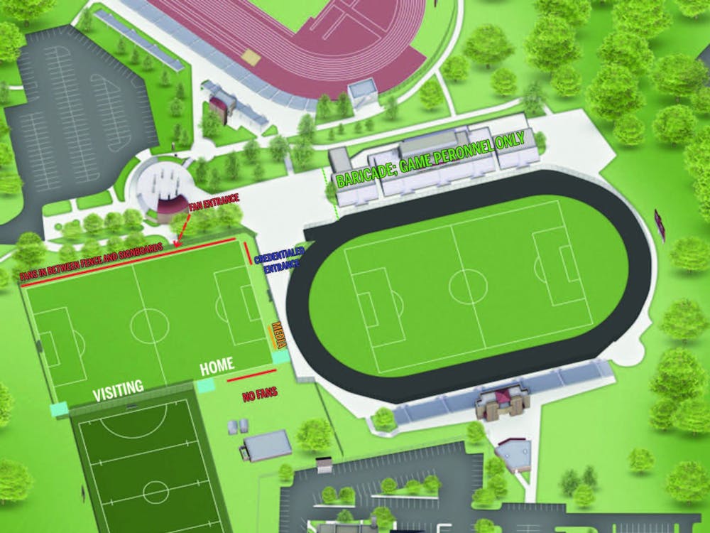 A map of the field layout for tonight&#x27;s women&#x27;s soccer match against Ball State University. The home opener will now be played at the practice field adjacent to Bill Armstrong Stadium.