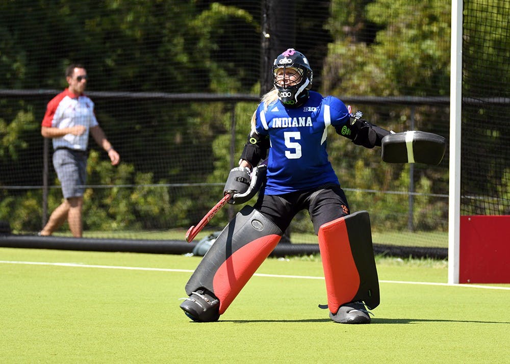 <p>Senior goalkeeper Katie Johnson gets in position on defense against Miami (Ohio) on Sept. 10 at the IU Field Hockey Complex. The Hoosiers have two game remaining in the regular season.</p>