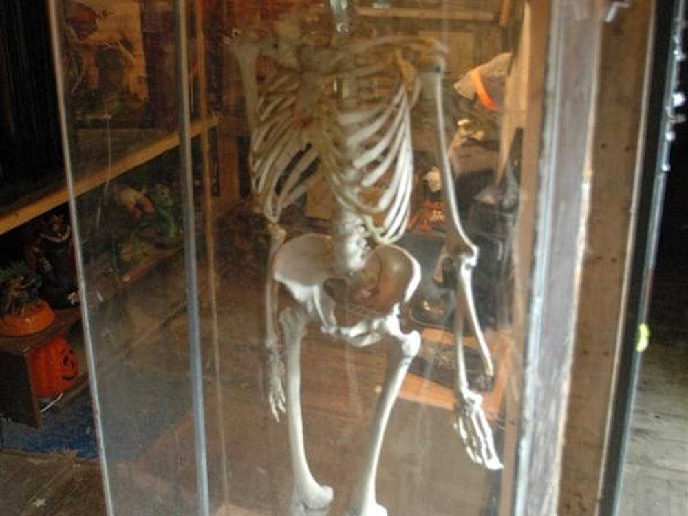 An authentic human skeleton greets visitors to the train museum. Baker said he bought it on eBay.