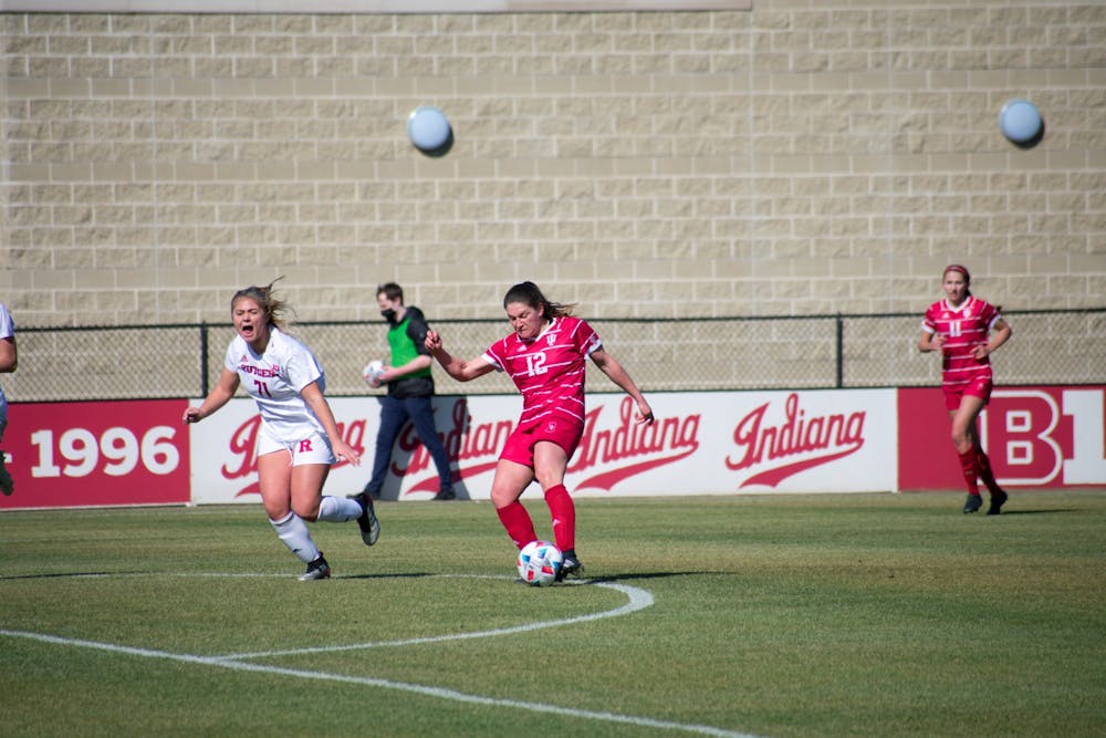 <p>Senior defender Melanie Forbes kicks the ball Thursday at Bill Armstrong Stadium. Forbes scored the goal that led the Hoosiers to their 1-0 win over Rutgers.</p>