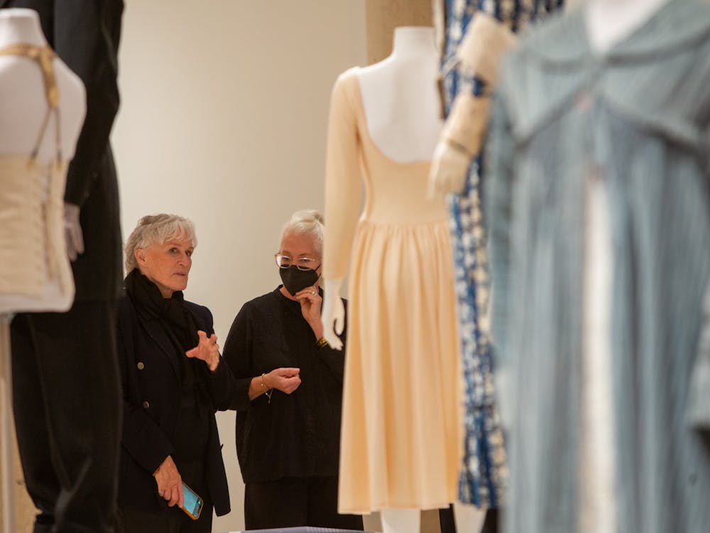 Glenn Close visits the &quot;Art of the Character&quot; exhibit Oct. 21, 2021, at the Eskenazi Museum of Art. The exhibit features more than 800 pieces the actor donated to the School of Art, Architecture + Design and will be open through Nov. 14, 2021.
