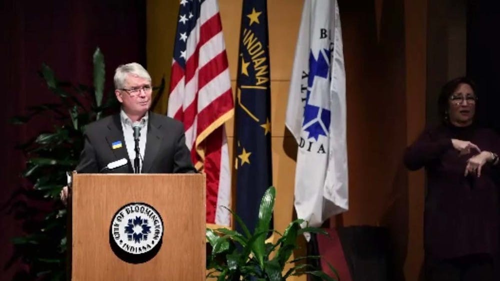 Mayor John Hamilton gave his seventh State of the City address Feb. 24, 2022, at the Buskirk-Chumley Theater. Bloomington Mayor John Hamilton asked the city council to consider a 0.855% increase to local income tax rates.