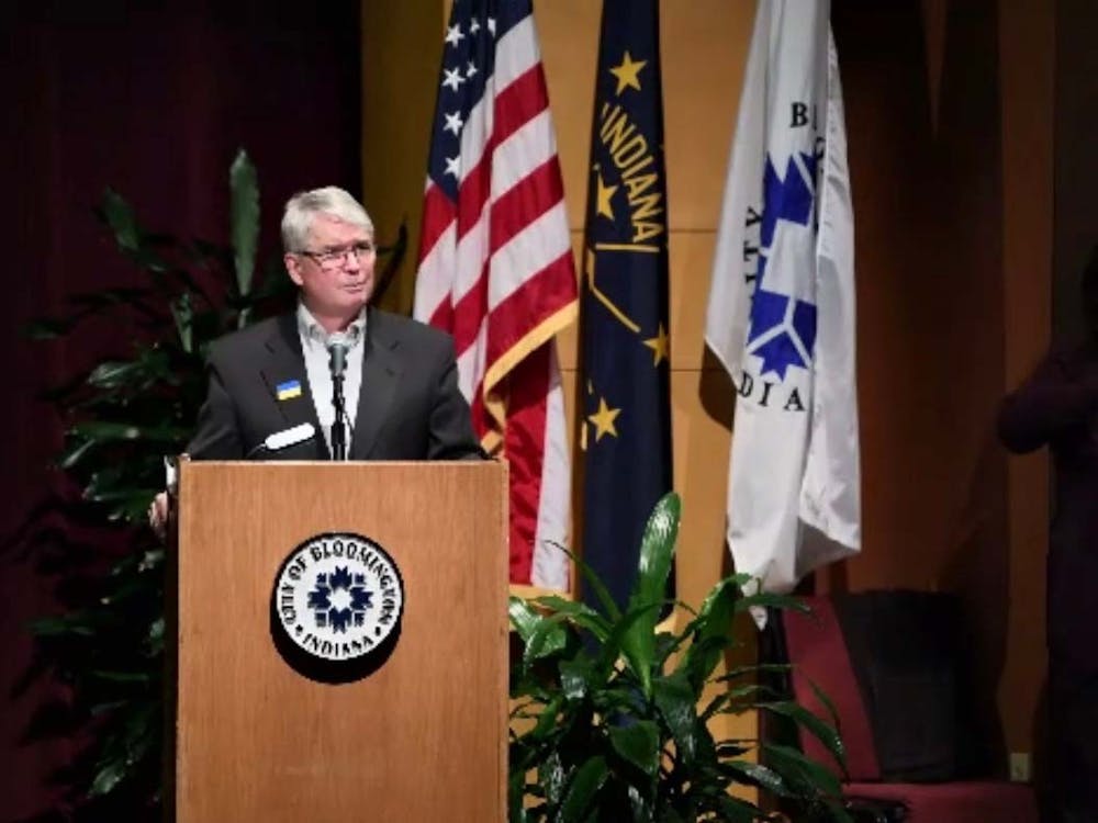 Mayor John Hamilton gave his seventh State of the City address Feb. 24, 2022, at the Buskirk-Chumley Theater. Bloomington Mayor John Hamilton asked the city council to consider a 0.855% increase to local income tax rates.