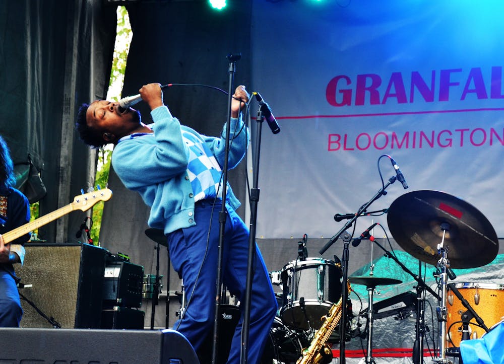 <p>Durand Jones leans back as he sings May 11 during &quot;Granfalloon: Outdoor Music Fest&quot; at Upland Brewing Co. The 2022 Granfalloon will take place June 1-5. </p>