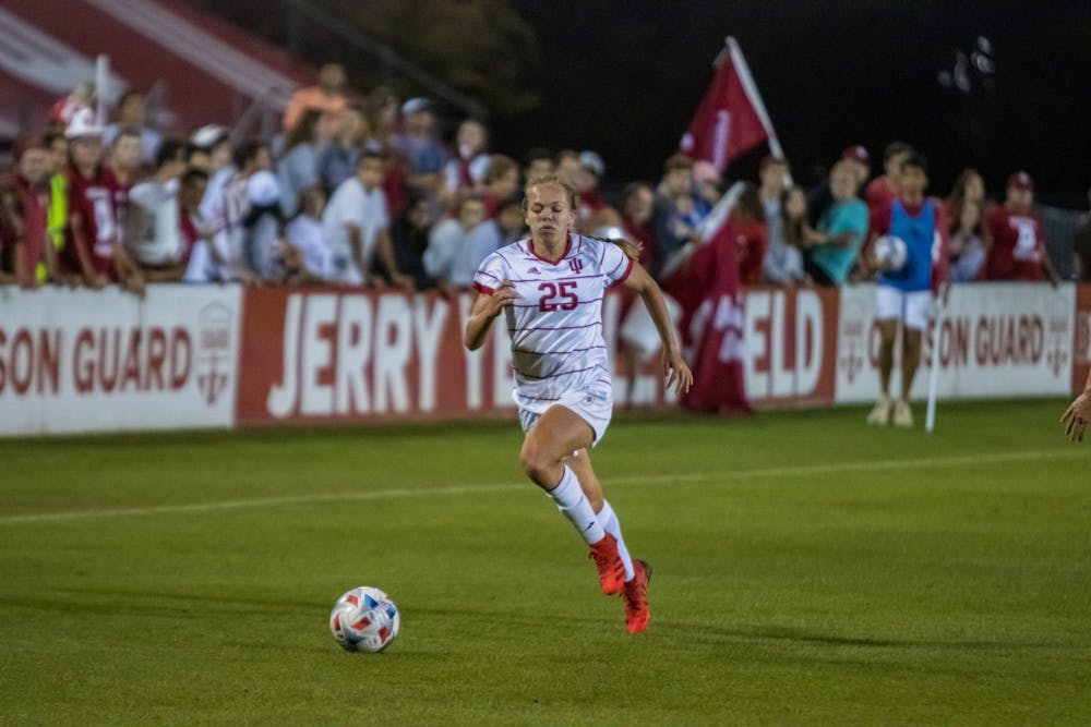 <p>Junior midfielder Paige Webber chases after the ball Sept. 9, 2021, at Bill Armstrong Stadium. Indiana women&#x27;s soccer picked up a 1-1 draw against Ohio State on Thursday.</p>