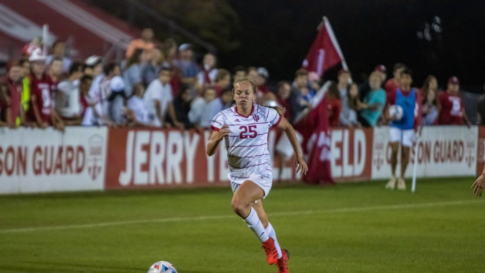 Junior midfielder Paige Webber chases after the ball Sept. 9, 2021, at Bill Armstrong Stadium. Indiana women&#x27;s soccer picked up a 1-1 draw against Ohio State on Thursday.