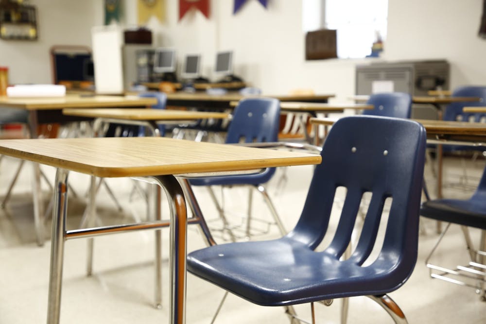 <p>An empty classroom is pictured April 20, 2020. Despite experiencing an increase in enrollment this past year, the Monroe County Community School Corporation has not yet reached pre-pandemic enrollment levels.</p>