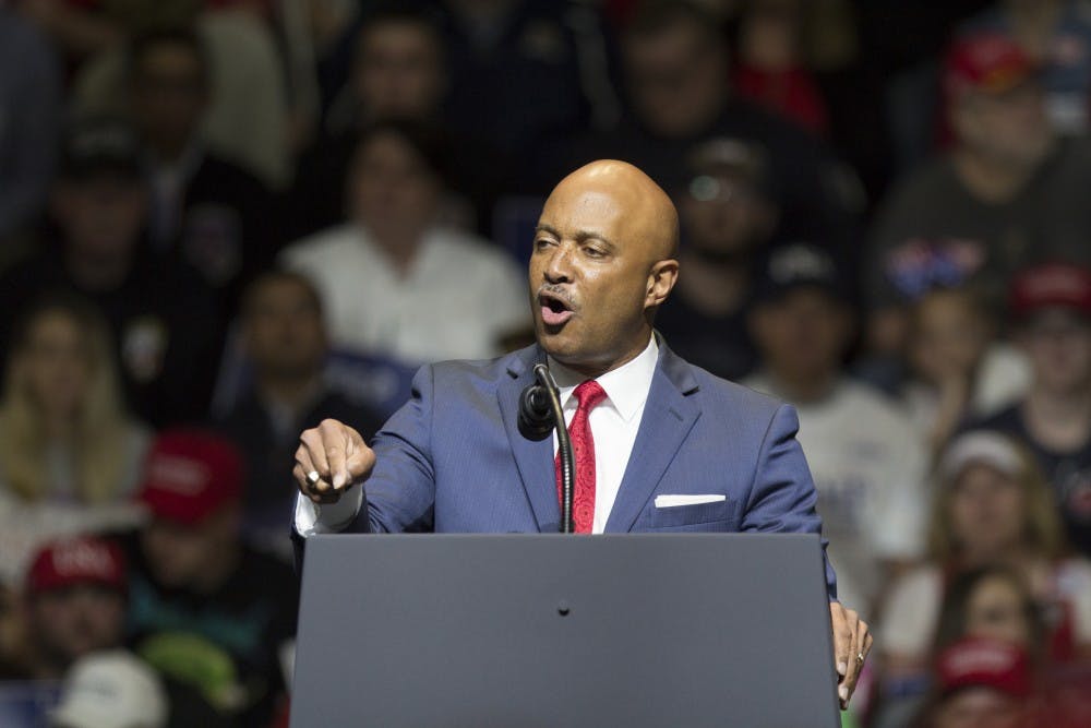<p>Indiana Attorney General Curtis Hill introduces Mike Pence at the Donald Trump rally May 10, in Elkhart, Indiana. &nbsp;On July 2, Hill was faced with allegations by four different women that he had inappropriately touched them at a party on March 15.&nbsp;</p>