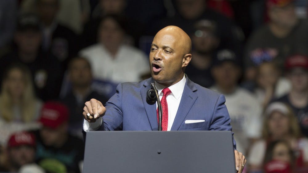 Indiana Attorney General Curtis Hill introduces Mike Pence at the Donald Trump rally May 10, in Elkhart, Indiana. &nbsp;On July 2, Hill was faced with allegations by four different women that he had inappropriately touched them at a party on March 15.&nbsp;
