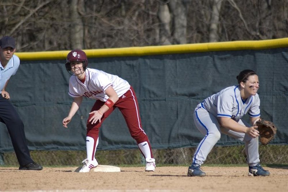 Freshman Bridget Langan stands on first base during the sixth inning against Indiana State on Thursday afternoon at the IU Softball Field. Freshman Molly Anderson hit a walk-off RBI in the eighth inning, lifting the Hoosiers to a 5-4 win over the Sycamores.