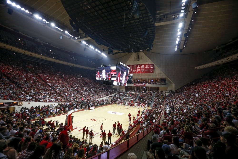 People pack into Simon Skjodt Assembly Hall for Hoosier Hysteria on Oct. 21.&nbsp;