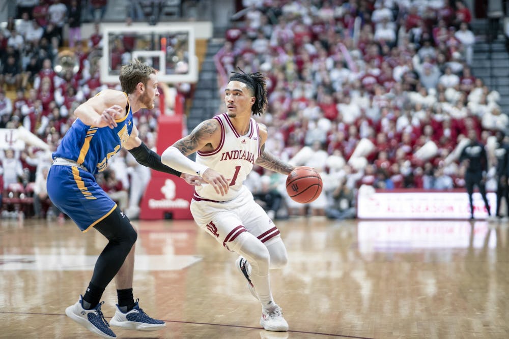 <p>Freshman guard Jalen Hood-Schifino drives to the basket Nov. 7, 2022 at Simon Skjodt Assembly Hall in Bloomington, Indiana. The Hoosiers beat Morehead State 88-53.</p>