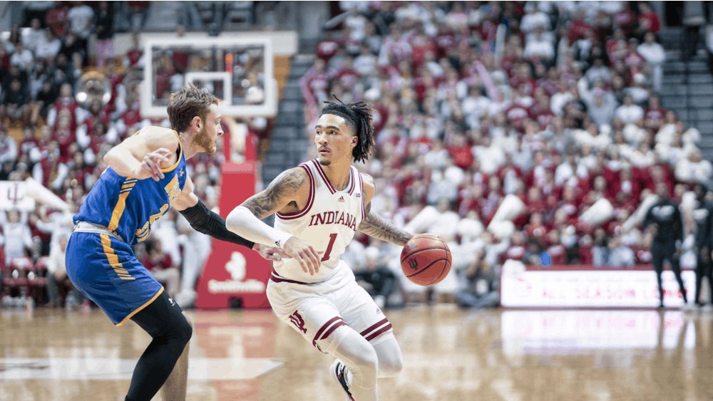 Freshman guard Jalen Hood-Schifino drives to the basket Nov. 7, 2022 at Simon Skjodt Assembly Hall in Bloomington, Indiana. The Hoosiers beat Morehead State 88-53.