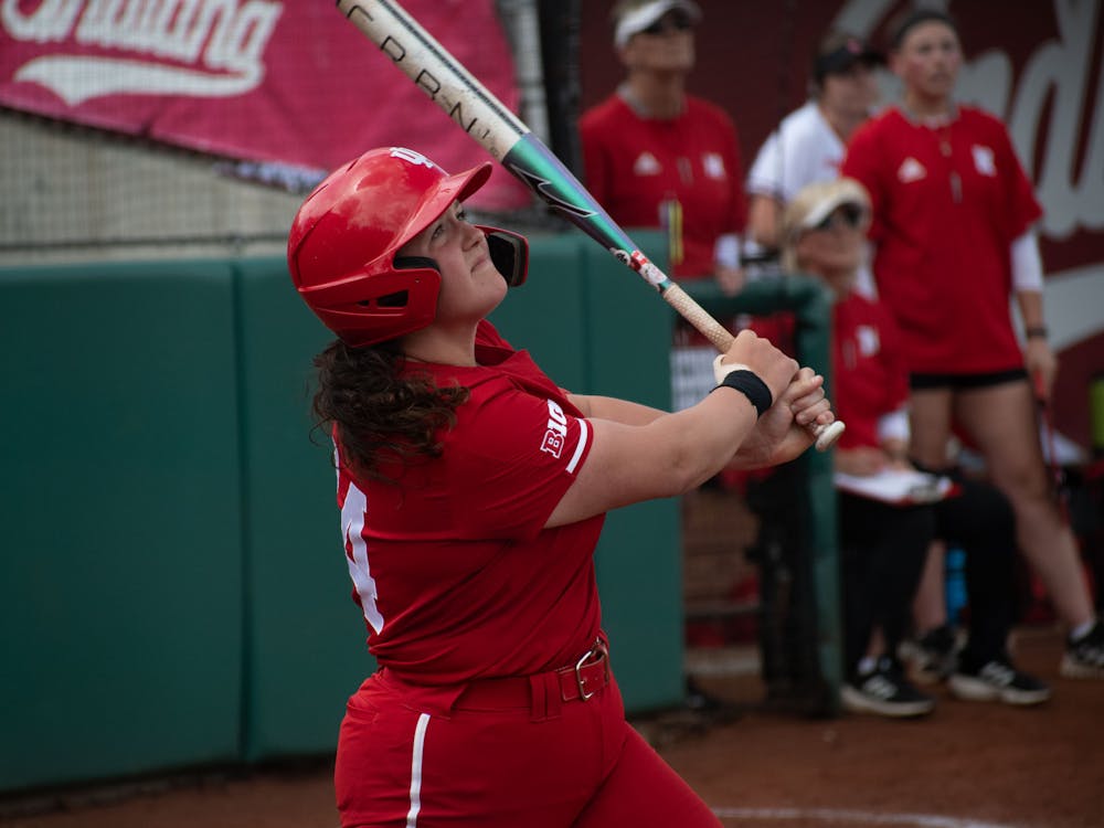 Sophomore firstbasemen Sarah Stone watches a foul ball April 15, 2023 against Nebraska at Andy Mohr Field in Bloomington. Stone&#x27;s walk-off home run Thursday sent Indiana softball to the semifinals of the Big Ten Tournament. 