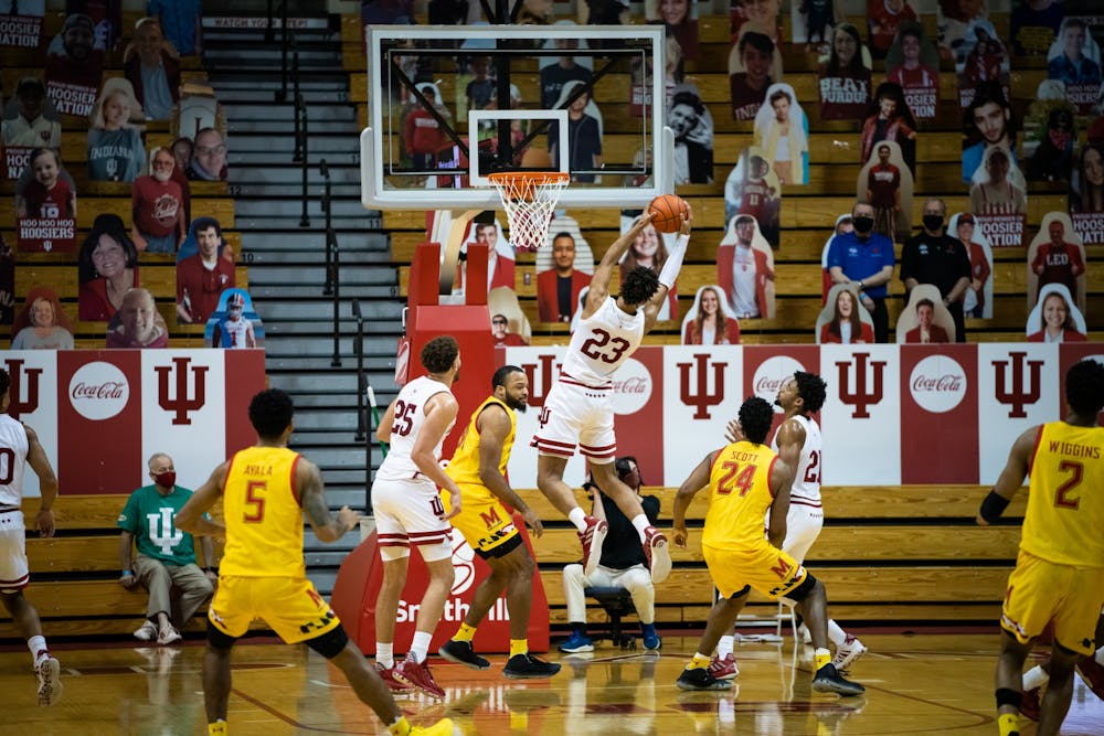 <p>Then-sophomore forward Trayce Jackson-Davis pulls down a rebound Jan. 4, 2021, at Simon Skjodt Assembly Hall. Indiana will face the University of Maryland at 7 p.m. Feb. 24 at home. </p>