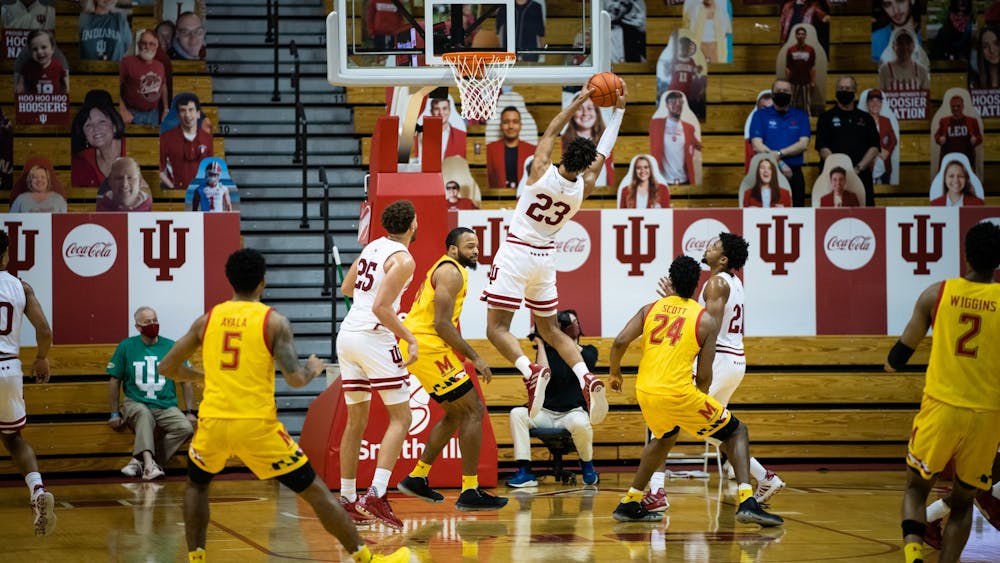 Then-sophomore forward Trayce Jackson-Davis pulls down a rebound Jan. 4, 2021, at Simon Skjodt Assembly Hall. Indiana will face the University of Maryland at 7 p.m. Feb. 24 at home. 