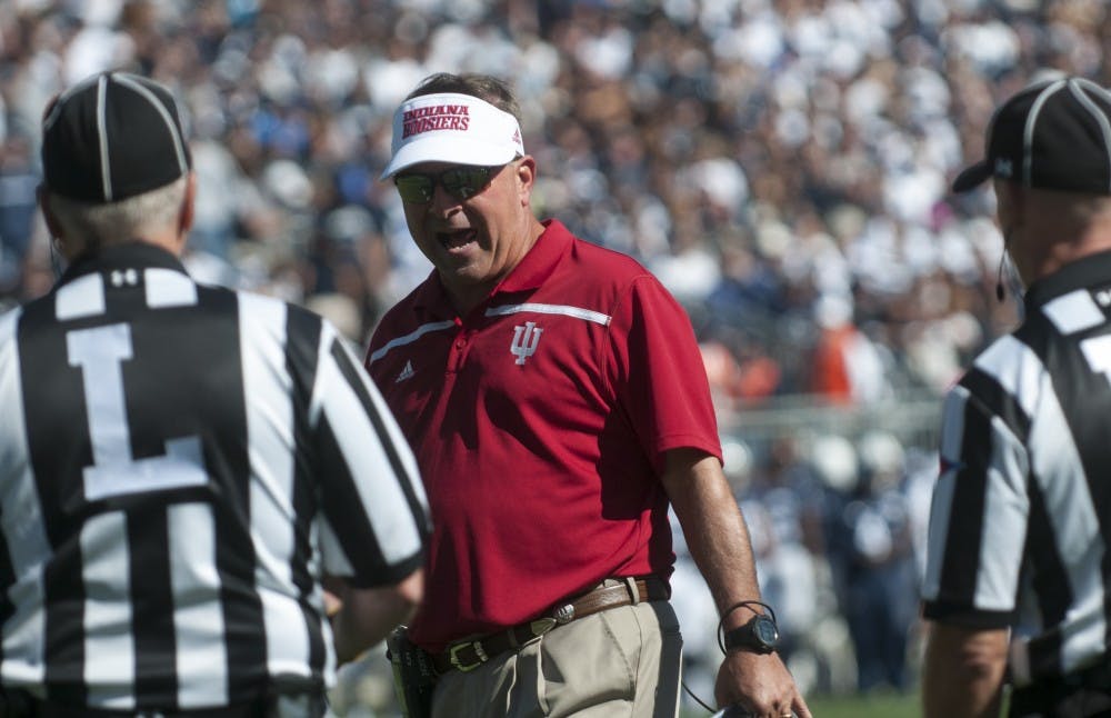Coach Kevin Wilson argues with referees during the game against Penn State on Oct. 10, 2015, Saturday at Beaver Stadium in University Park. The Hoosiers lost, 7-29.