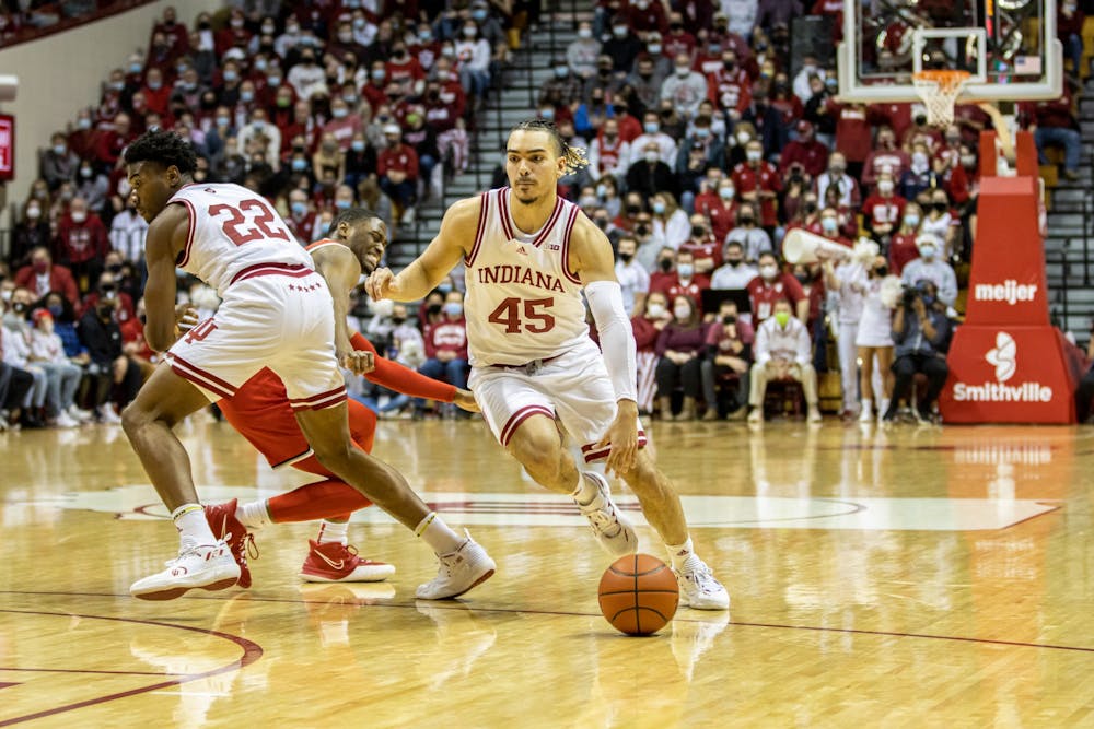 <p>Redshirt senior Parker Stewart dribbles down court during the win against Ohio State on Jan. 6, 2021, at Simon Skjodt Assembly Hall. IU&#x27;s next home game will be against Purdue on Jan. 20. </p>