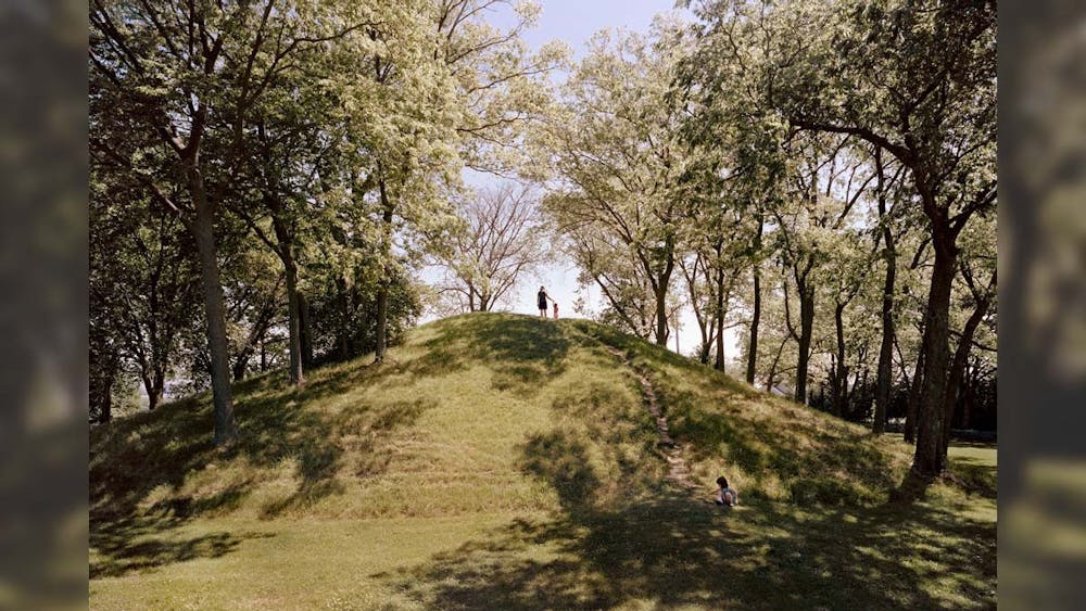 Shrum Mound, a Native American burial ground in Columbus, Ohio, is pictured. Sherwin&#x27;s exhibit aims to explore sites of Indigenous American presence as sites where cultures converge, according to the press release from Pictura Gallery.