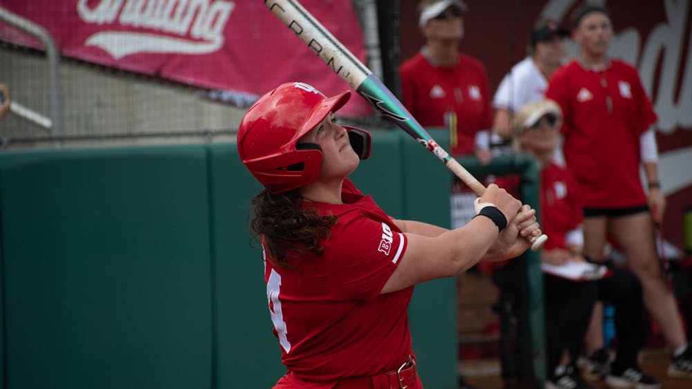 Sophomore first baseman Sarah Stone watches a foul ball April 15, 2023, against Nebraska at Andy Mohr Field in Bloomington. Nebraska swept Indiana over the weekend.