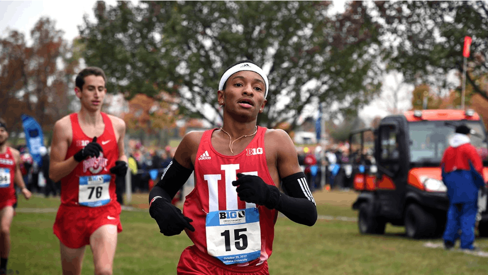 Then-freshman, now sophomore, Marcus Ellington, runs in the Big Ten Cross-Country Championships on Oct. 29 at the IU Cross-Country course. Ellington contributed to IU's second-place finish Friday at the Illini Open.&nbsp;