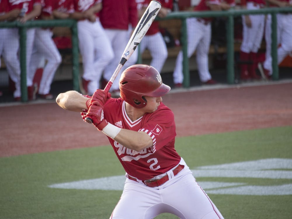 Then-sophomore infielder Cole Barr prepares to bat against the University of Louisville on May 14, 2019, at Bart Kaufman Field. The Hoosiers lost 3-4 Sunday to the Ohio State Buckeyes.