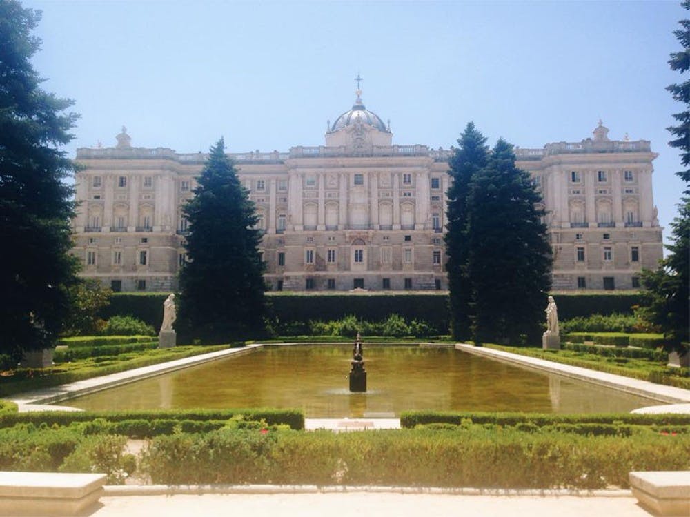 The Palacio Real de Madrid seen from the Jardin Sabatini.  The palace is the official residence of the Spanish Royal Family in the city of Madrid