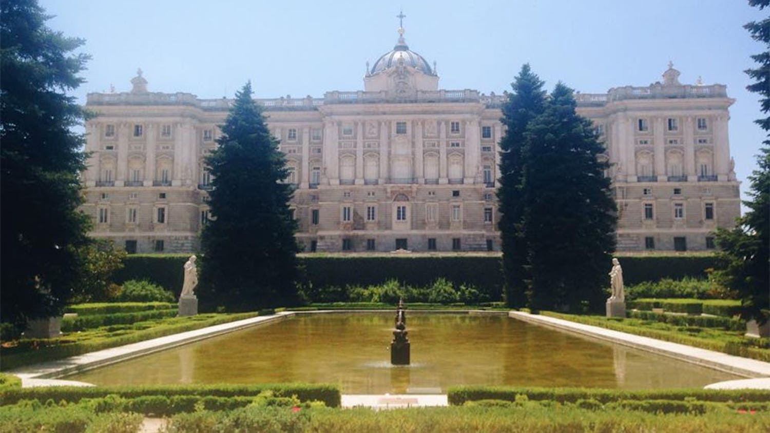 The Palacio Real de Madrid seen from the Jardin Sabatini.  The palace is the official residence of the Spanish Royal Family in the city of Madrid
