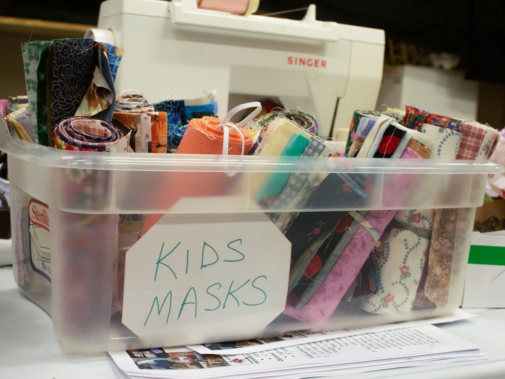 Kid-sized mask materials are bundled together for volunteers to pick up and sew Oct. 22, 2021, at the College Mall. The distribution process includes cleaning finished masks multiple times, sorting masks by size, repeatedly checking quality control and many other steps to safely deliver free, handmade masks to the Bloomington community Kell Mirowski, distribution manager for the Bloomington Mask Drive, said. 