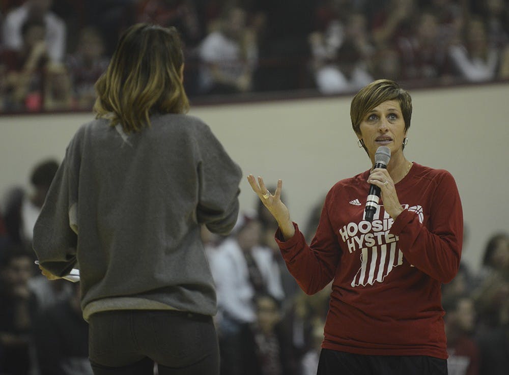 Coach Teri Moren talks to host Catt Sadler during Hoosier Hysteria on Saturday evening at Assembly Hall.