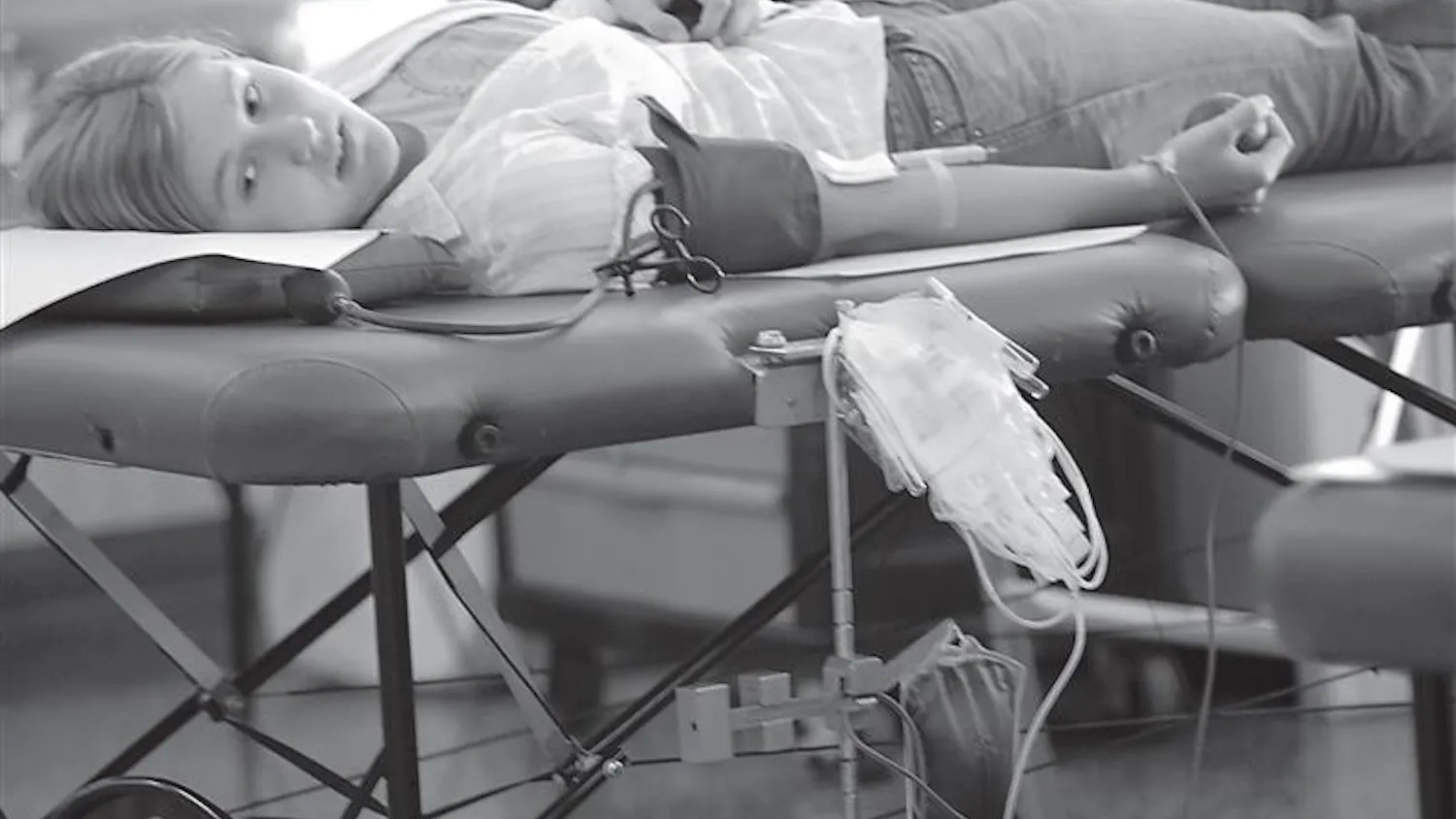 IU student Joan Russick donates blood at Teter Quad during a blood drive Sept. 14, 2006.