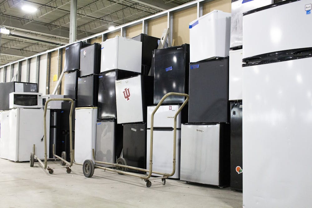 <p>Pictured Aug. 30, 2018, are refrigerators in the Hoosier to Hoosier sale space in the Warehouse. This year&#x27;s sale was canceled, but volunteers are needed to go into residence halls to pick up the left-behind items that will be donated to local nonprofits this year instead of being sold.</p>