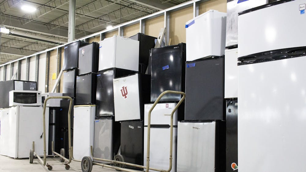 Pictured Aug. 30, 2018, are refrigerators in the Hoosier to Hoosier sale space in the Warehouse. This year&#x27;s sale was canceled, but volunteers are needed to go into residence halls to pick up the left-behind items that will be donated to local nonprofits this year instead of being sold.