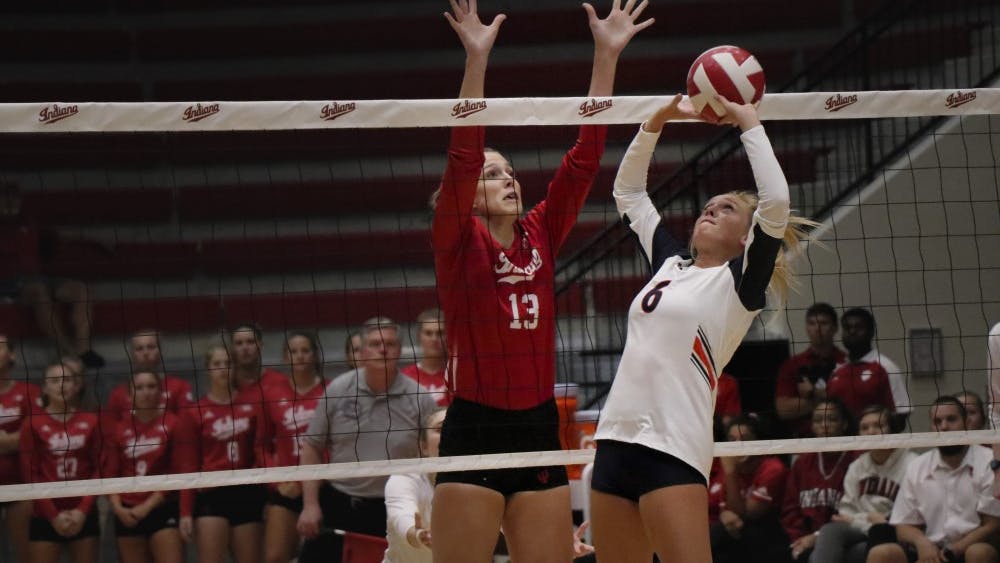 IU senior Jacqui Armer blocks a set against University of Tennessee Martin on Aug. 31 at Wilkinson Hall. IU beat Stetson University and the University of South Florida twice this weekend in Tampa, Florida.